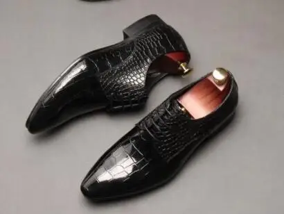 

Dress shoes men lace up smart casual low heel shoes genuine leather alligator print plaid pointed toes dark blue breathable shoe
