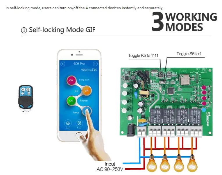 Sonoff 4CH Pro R2 умный Wifi переключатель 433 МГц RF Wifi светильник 4 комплекта 3 режима работы инчинг интерлок умный дом с Alexa