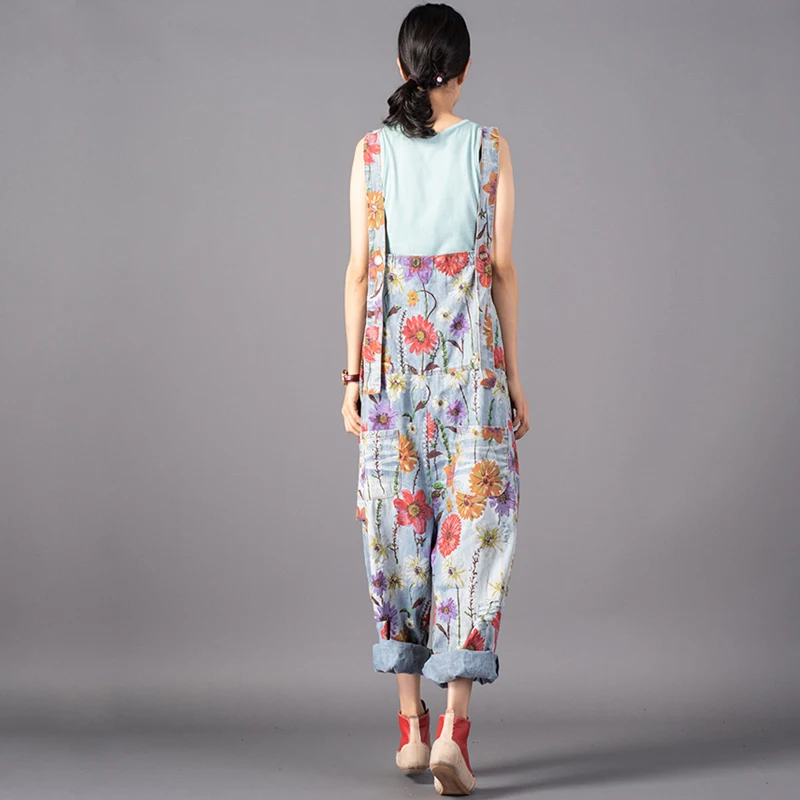 Printed Jumpsuits Female Vintage Floral Overalls Drop-Crotch Pants Loose Denim Jumpsuits