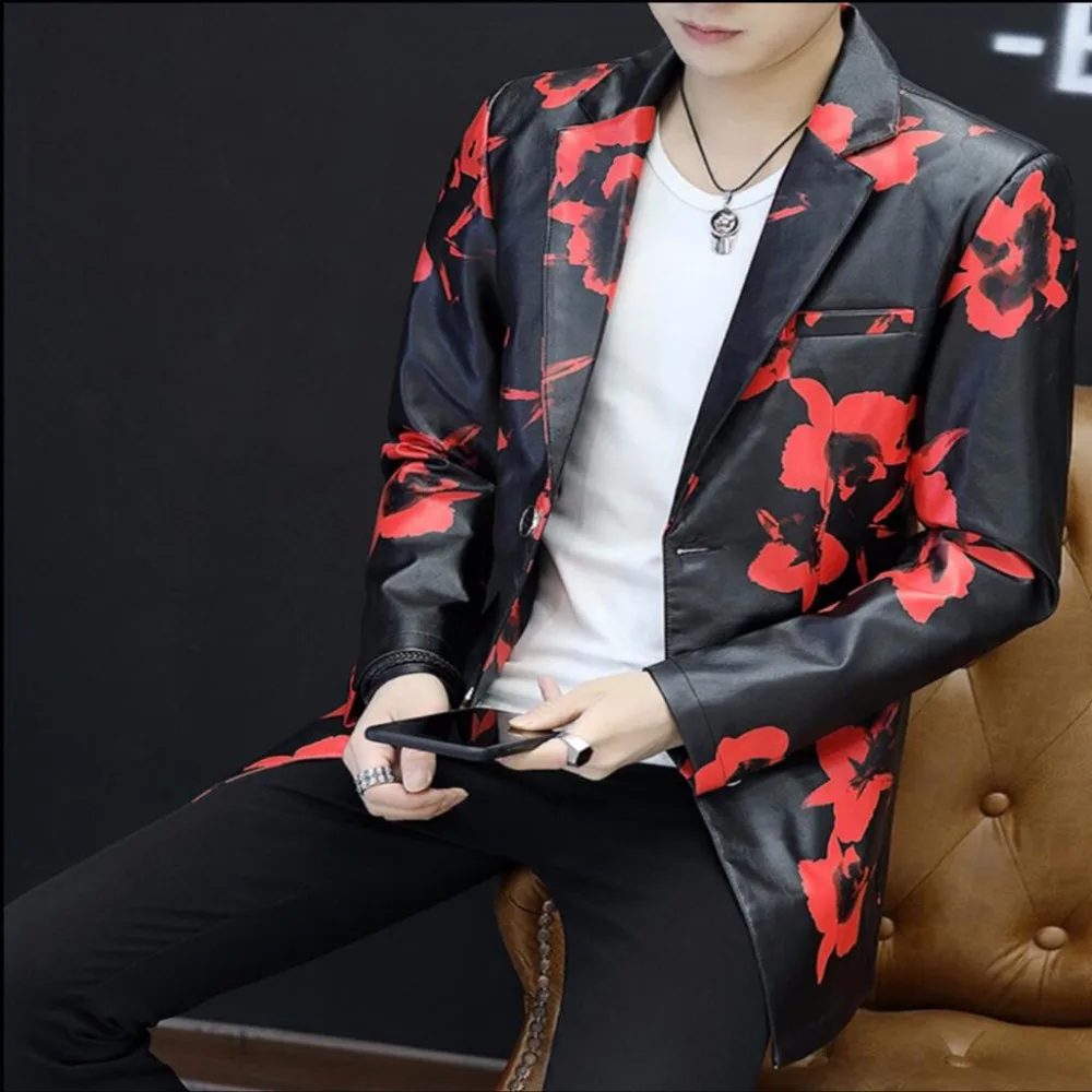 Новинка весны 2017 Мужская одежда Модный облегающий костюм из искусственной кожи с