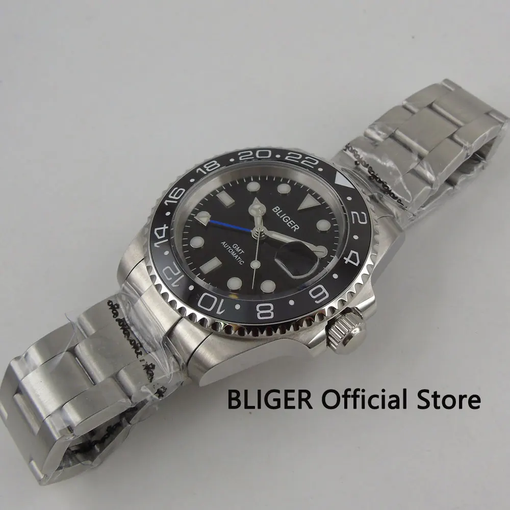 BLIGER 40 мм черный циферблат Керамика ободок GMT Функция Дата Лупа световой