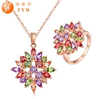 fym fashion brand luxury rose gold color colorful zircon necklace ring set cubic zirconia women ring size 7 8 jewelry sets