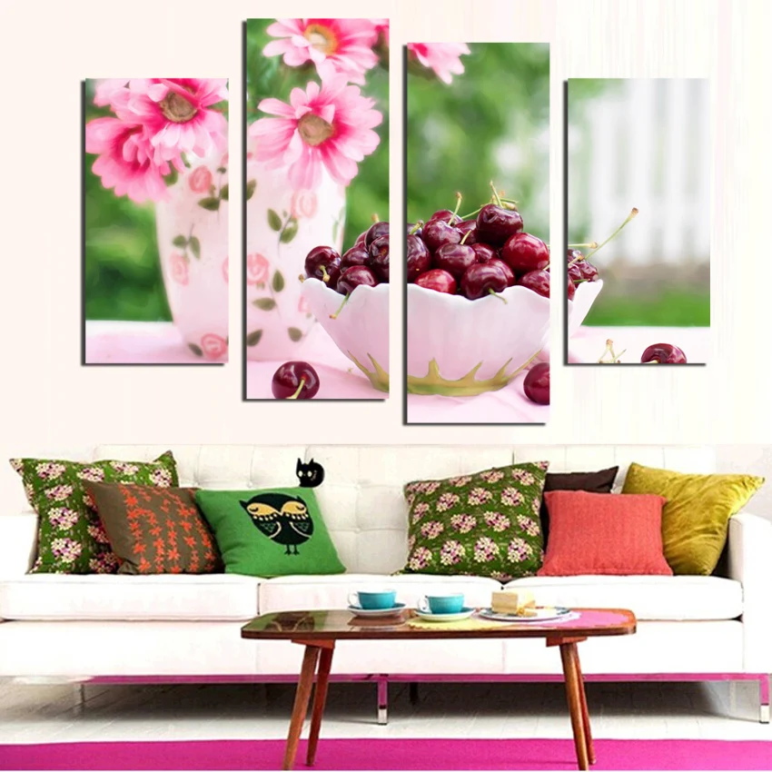 

4 Panels Sunflower Cherry Painting Canvas Wall Art Picture Home Decoration Canvas Print Painting For Kitchen F1788 Unframed