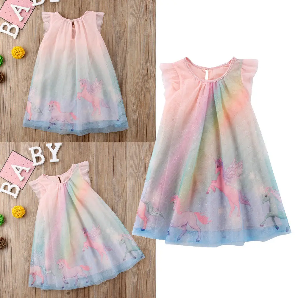 Emmababy Newest Fashion Toddler Baby Girl Clothes Rainbow Horse Prince Multi Color Dress Princess Tulle Sleeveless Sundress | Детская