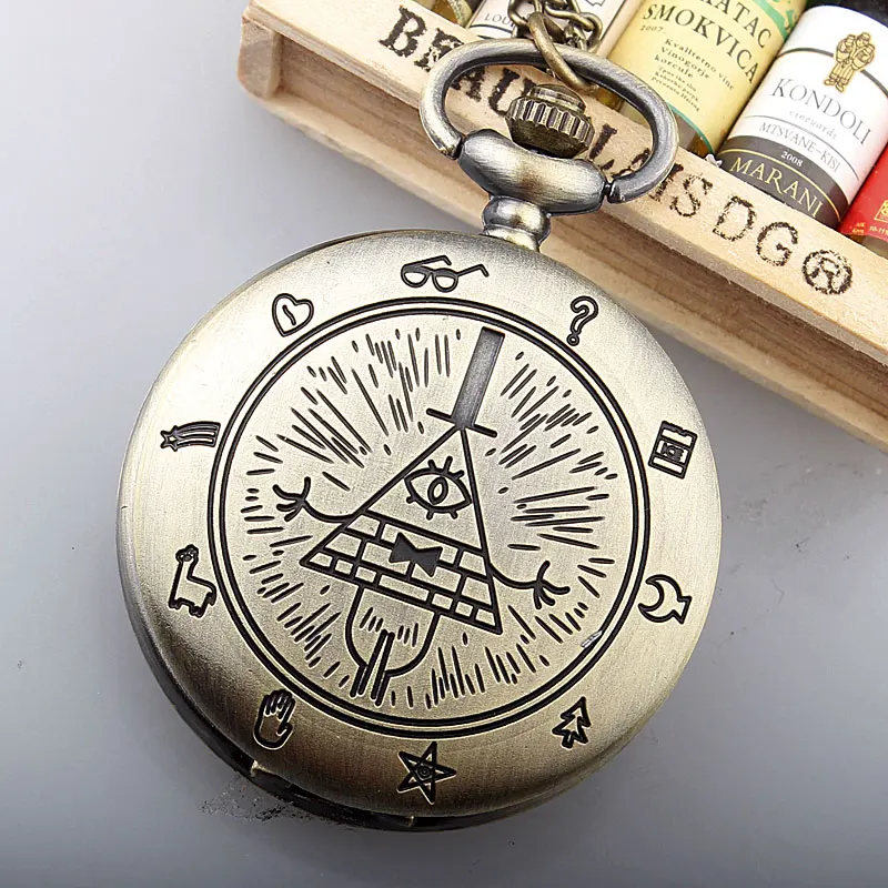 

Vintage Bronze Triangle Pattern Quartz Pocket Watch Fashion Casual Watches With Necklace Chain Best Gift Present For Children