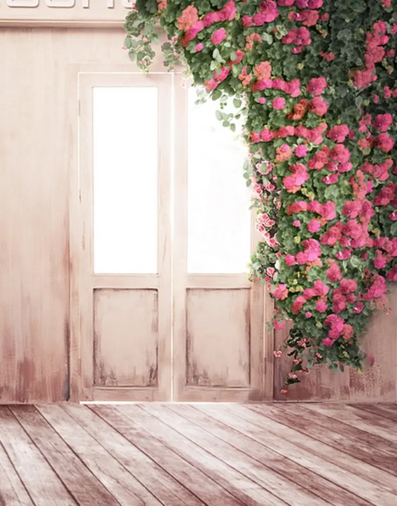 

5x7ft Wooden Floor House Pink Flowers Tree Photography Backdrops Photo Props Studio Background