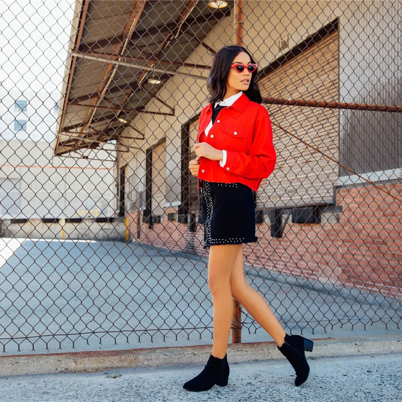 SHEIN Красная Укороченная Куртка На Пуговицах, Плотная Укороченная Рубашка, Демисезонная Куртка