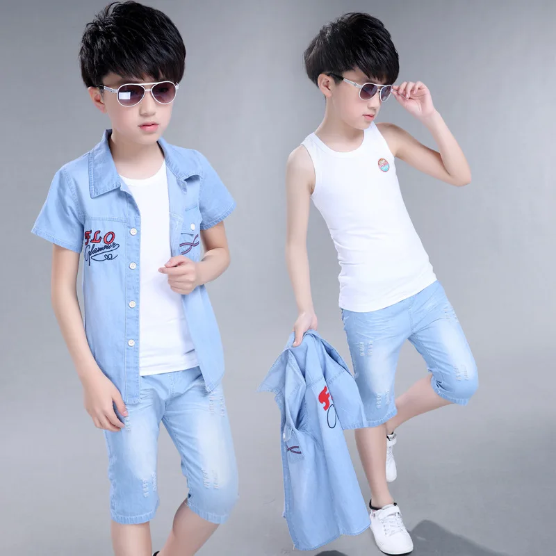 Kids Clothes Boy Summer Set Boys Denim Shirt + Jeans Shorts Children Clothing Brand for Size 4-14 |