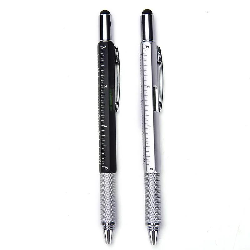 1PC 6 In 1 Touch Ballpoint Stylus Pen With Spirit Level Ruler Screwdriver Tool Office School Supplies Random Color