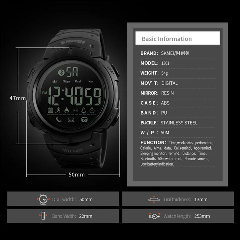 SKMEI Men's Sport Smart Watches Multifunction 5Bar Waterproof Bluetooth Pedometer Calorie Reminder Digital Wristwatches Clock | Наручные