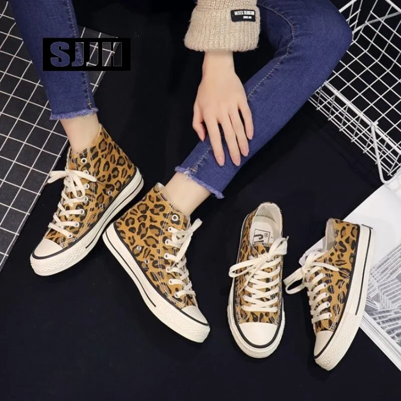 SJJH Women Canvas Leopard Sneakers High Low Top Comfortable Shoes Vulcanize Flats Casual Chaussure Lace-up Ladies Footwear D004