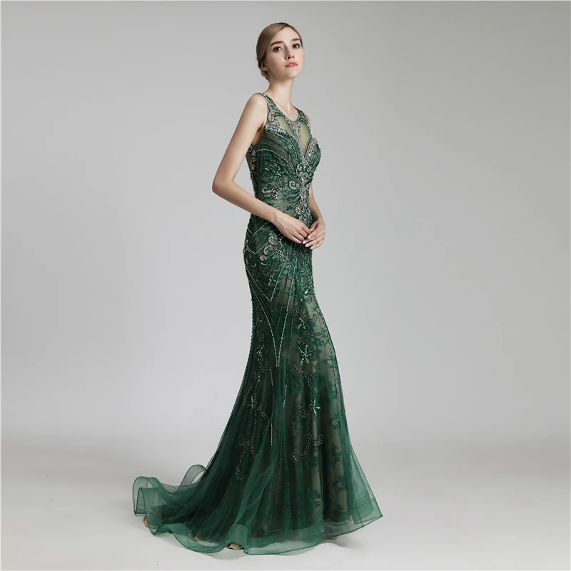 Robe De Soiree Новое сексуальное Русалка официальное длинное вечернее платье Зеленый Пол Длина Тюль, расшитый кристаллами и бисером реальные фотографии платья LSX429
