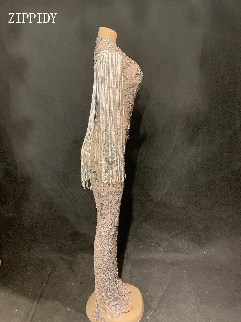 Блестящее черное Сетчатое прозрачное длинное платье с кристаллами Вечерние