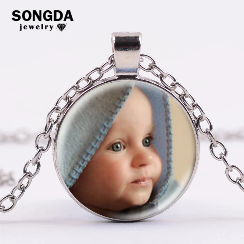 SONGDA Customized Necklace Jewelry Baby Child Mom Dad Grandparent Color Photo Print Glass Dome Long Necklace Family Member Gifts