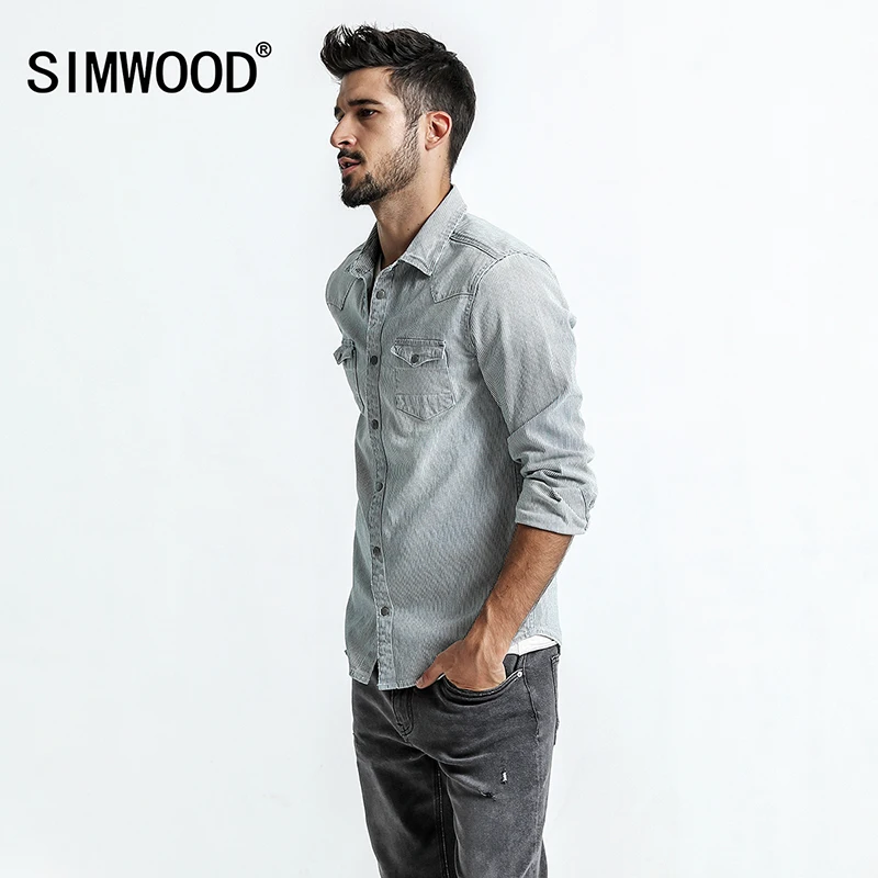 SIMWOOD 2019 бренд рубашки домашние муж. для мужчин Slim Fit весна новая джинсовая рубашка