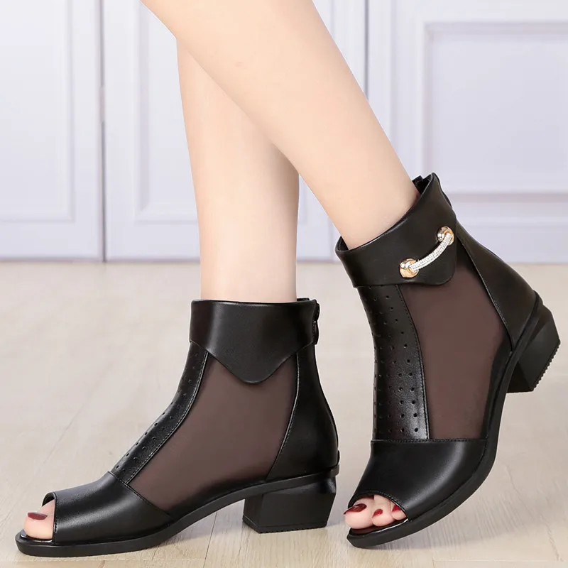 

2019 New Fish Mouth Cowhide Mesh Summer Sandals Women Shoes Elegant Square Heel Ankle Boots Fashion Sandals Sandals Large Size