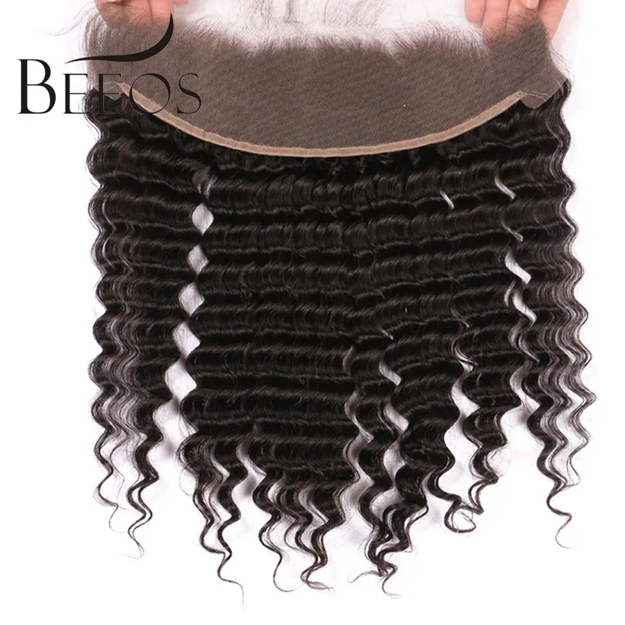 BEEOS перуанская глубокая волна 13*4 фронтальные волосы remy с предварительно сорванным фронтальным закрытием с Детские волосы уха до уха швейцарское кружево