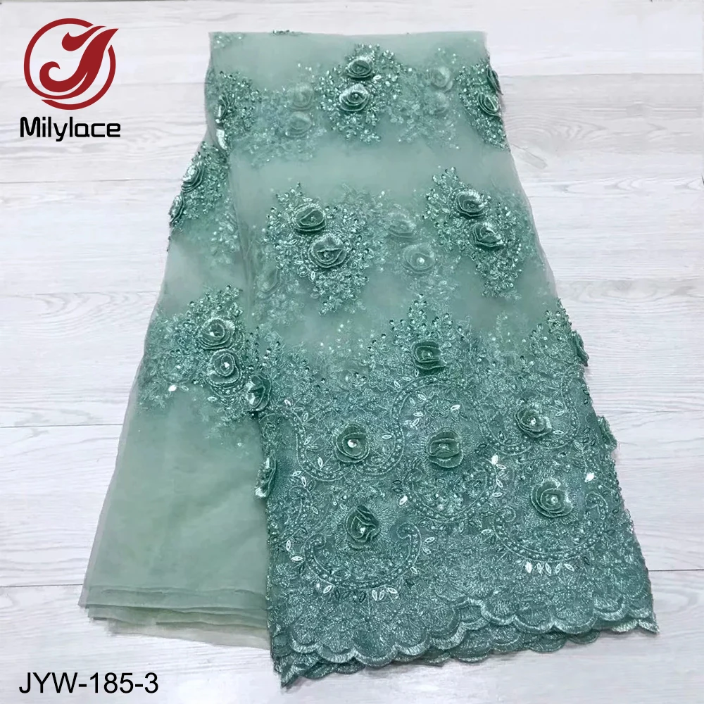5 ярдов в партии светильник зеленая африканская кружевная ткань с бисером 3d Цветы