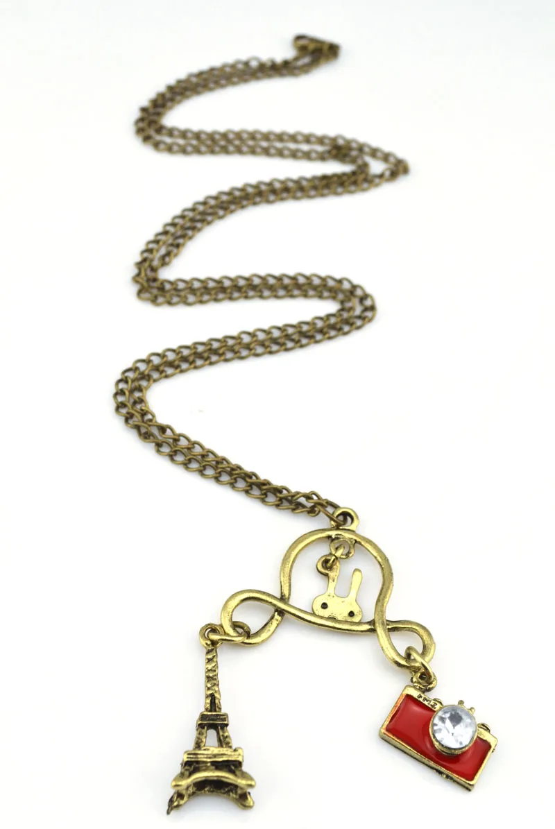 Women Gift Vintage Style Rabbit Camera Eiffel Tower Charms Pendant Necklace Retro Metal Necklaces Long Chain Jewelry | Украшения и