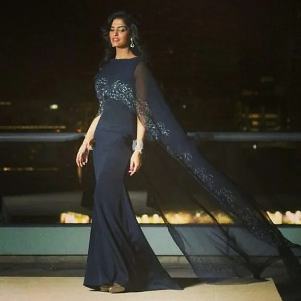 2016 Chic Темно-Синий Вечерние Платья С Курткой Шифон Скромные Вышивка Течет Длинные