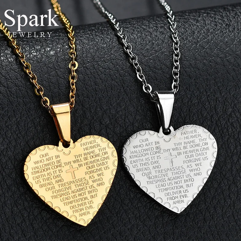 

Spark Stainless Steel Bible Cross Heart Pendant Necklace Religious Jewelry Christian Prayer Scripture Chain Necklace For Women