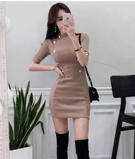 Khaki Temperament Lady Dresses Women Spring Design Sexy Bandage Sheath Mini White Knitted Double Button Tunic Sweater Dress 170D - Цвет: Khaki