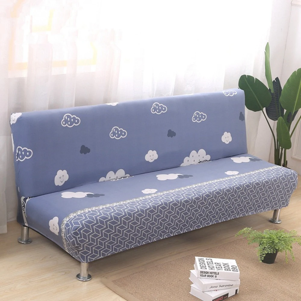 Серый полосатый чехол для дивана эластичный без подлокотника белый цветок