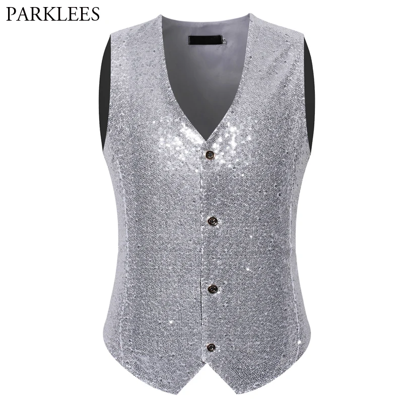 

Mens Paillette Sequin Glitter Suit Vest Slim Fit V Neck Male Shiny Sliver Vests Wedding Groom DJ Bar Stage Singer Waistcoat 2XL