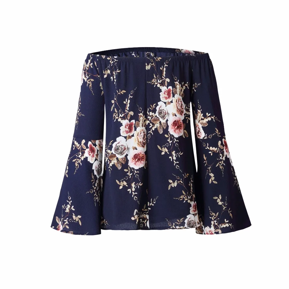 Лето новый с плеча свободные шифон рубашка топы цветочные печатный flare рукав