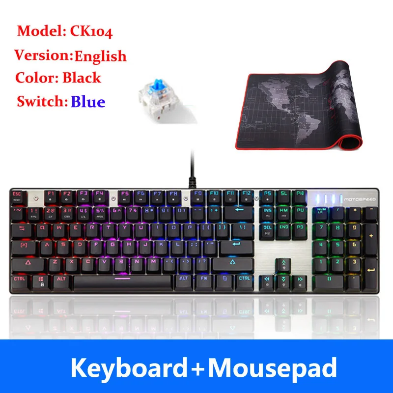 English Blue Mousepa MOTOSPEED CK104 CK61 русская английская механическая клавиатура RGB подсветка анти-ореолы игровая клавиатура для Teclado игровой компьютер - Цвет: English Blue Mousepa
