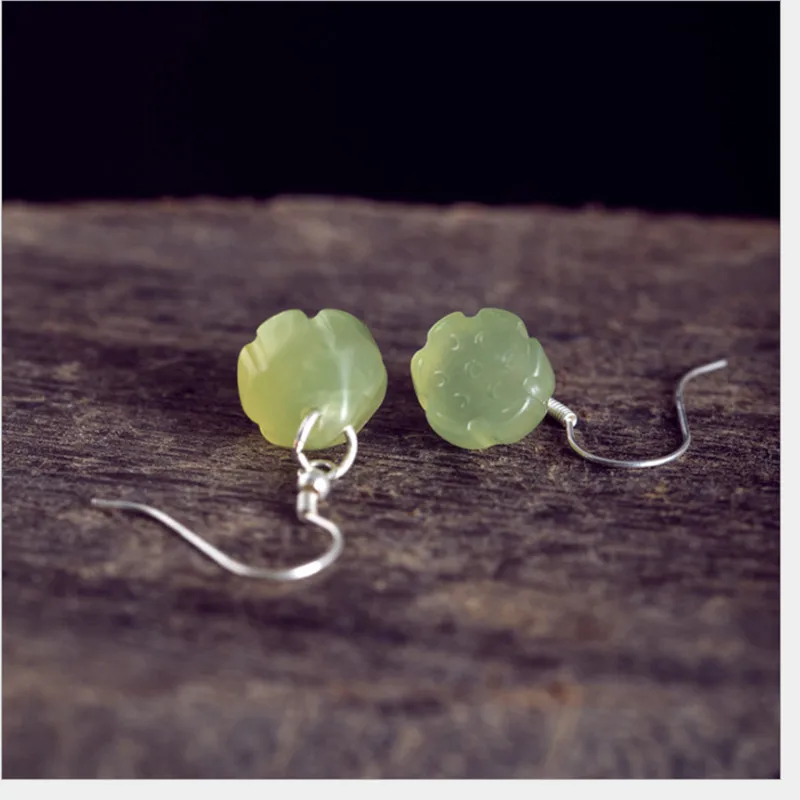 Женские серьги подвески из серебра 100% пробы с натуральным нефритовым