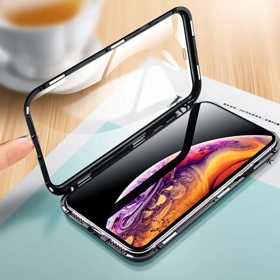 Магнитный чехол для Iphone XS Max X Xr 7 8 Plus xs Роскошный Металлический 360 Полный