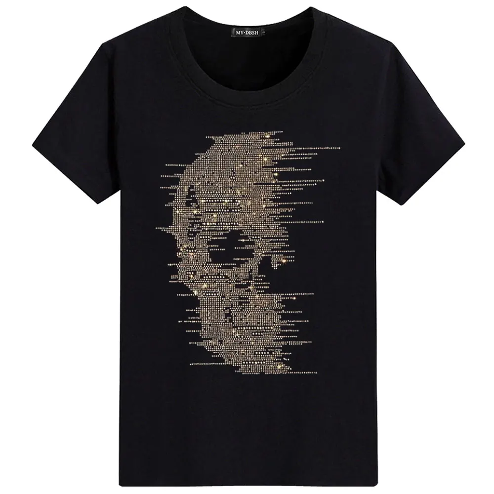 Big size 5XL Mask Unique Man Shinning Diamond Stone T-shirt Short Sleeve high quality Peking Opera Rhinestone Print men t shirts - Цвет: T005-O-Black