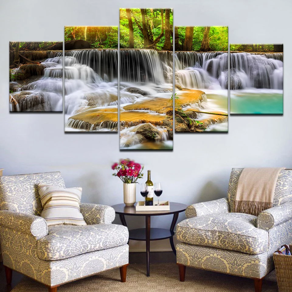 Картины на холсте водопад пейзаж картины Лес Дерево озеро вода 5 шт. HD Печать