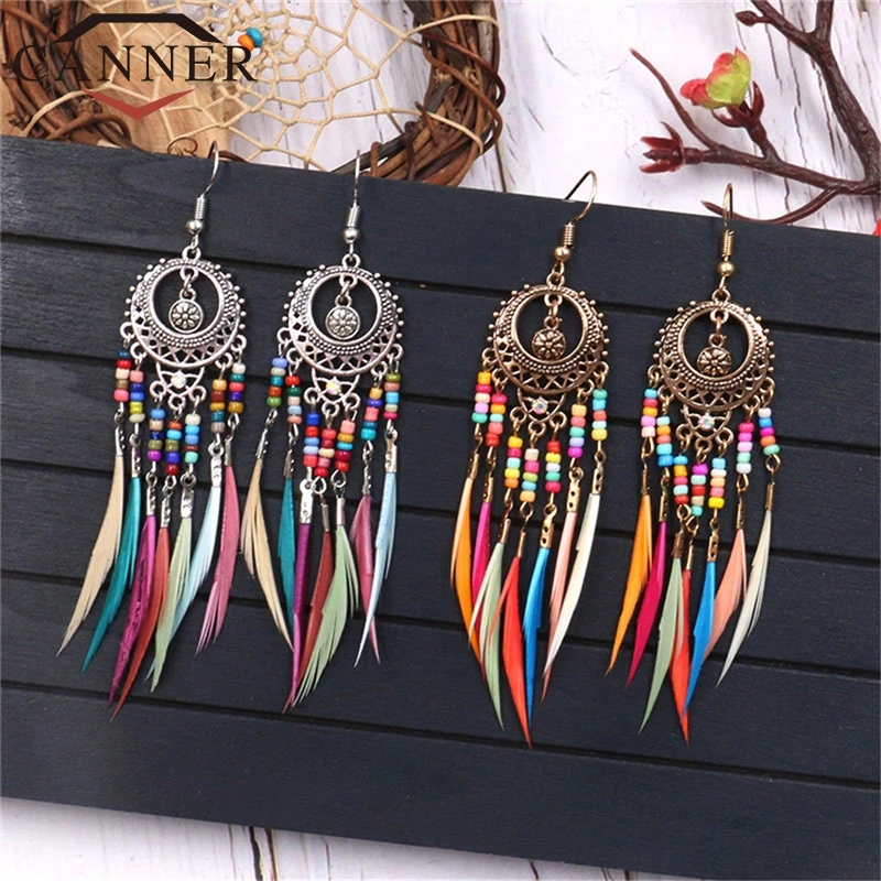 Женские винтажные серьги-подвески с разноцветными перьями CANNER богемные серьги в