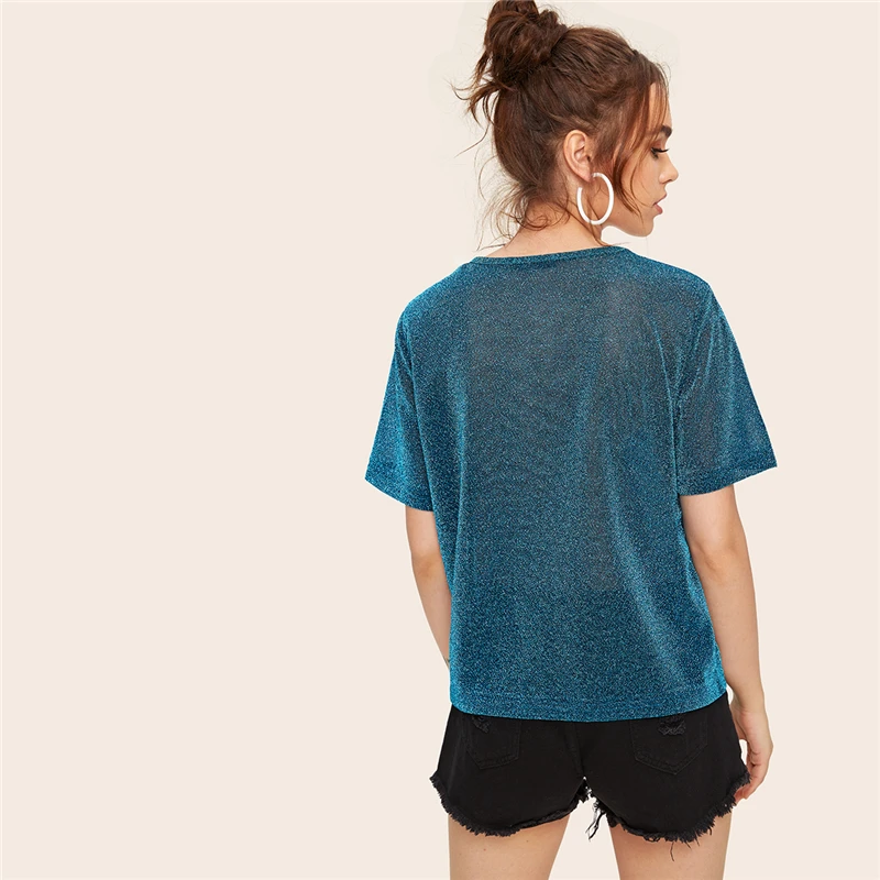 Dotfashion, бирюзовая футболка с рисунком, блестящая женская футболка, лето, Повседневная Уличная одежда, модные топы, футболка с коротким рукавом