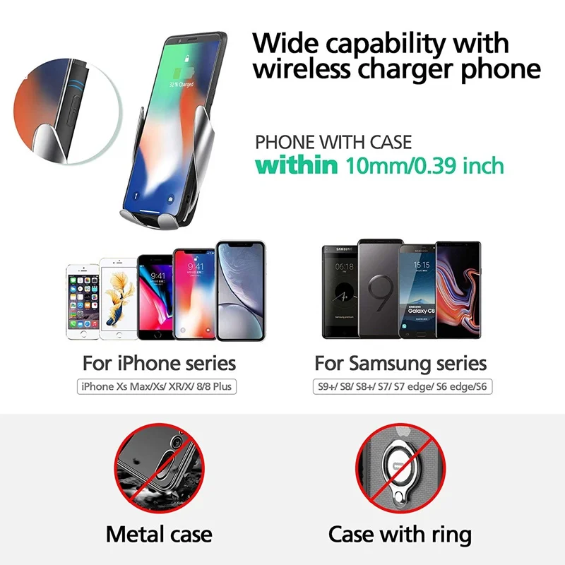 Автомобильный держатель Qi Беспроводное зарядное устройство для iPhone XS X 8 7 10 Вт