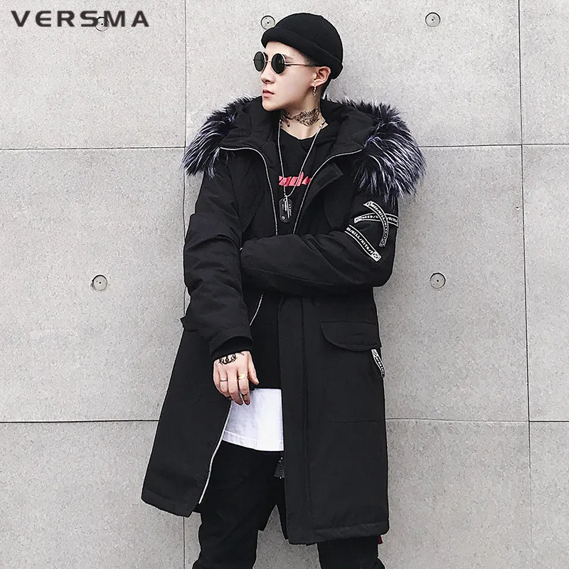 VERSMA, японский Harajuku, большие размеры, Длинные Молодежные зимние куртки, пальто, парки для мужчин, в стиле хип-хоп, с лентами, в стиле пэчворк, с меховым воротником, Мужская парка