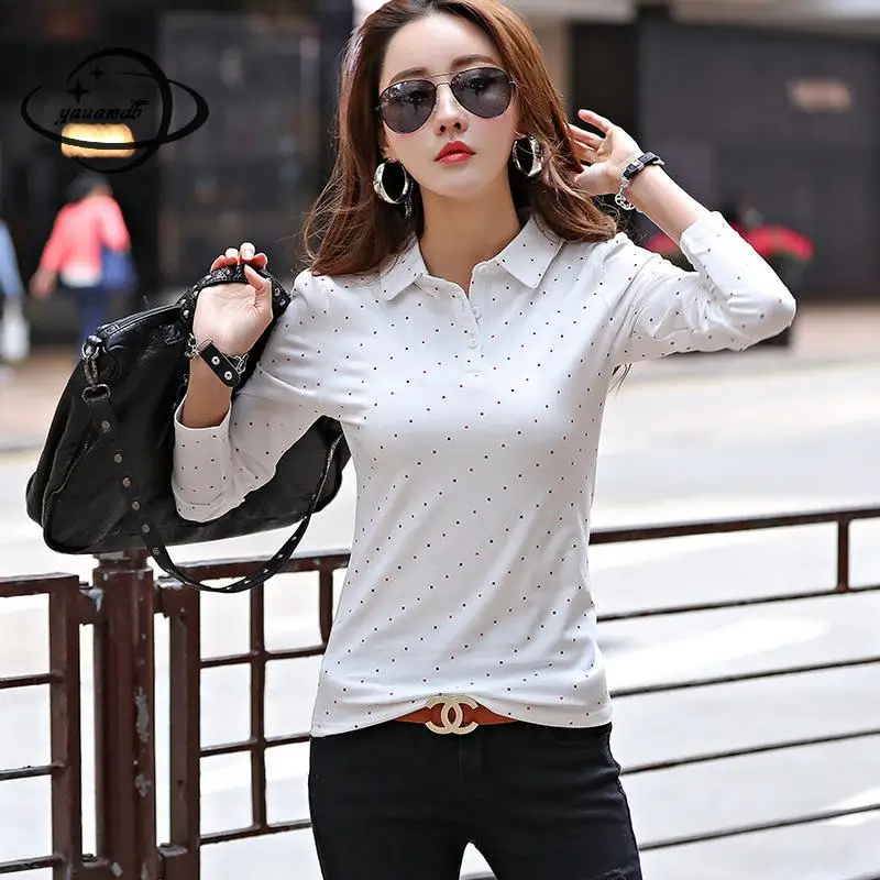 Женская хлопковая рубашка поло с длинным рукавом принтом|women polo shirt|women poloshirt women |