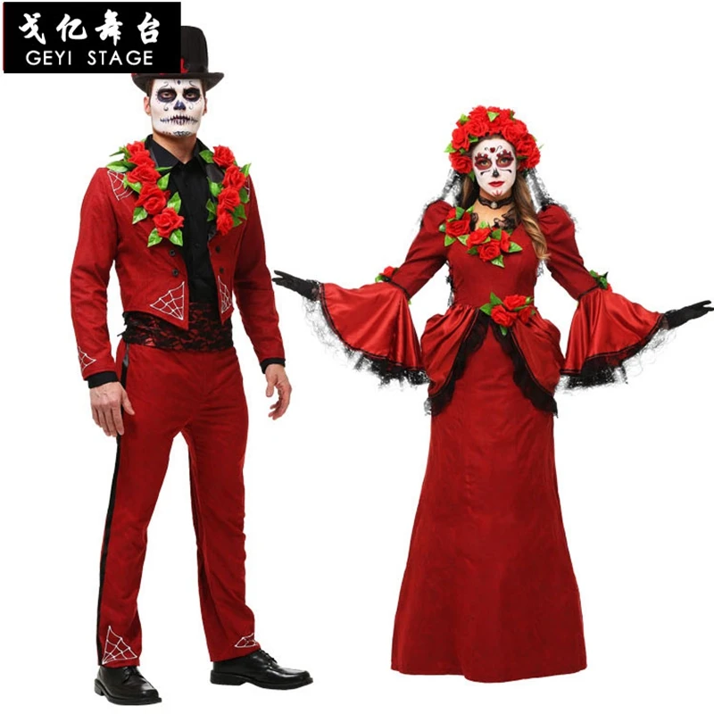 Adult Women Halloween Day Dead Costume Ladies Bridal Long Sleeves Black Scary Skeleton Skull Joker Cosplay Dress Plus for men