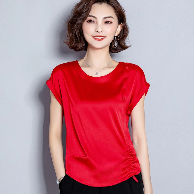 Корейские модные шелковые женские блузки атласные красные рубашки с круглым