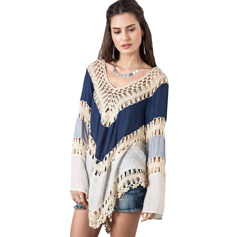 Хиппи Блузка кимоно Boho крючком Для женщин блузки 2021 Blusa Feminina рубашка с длинными