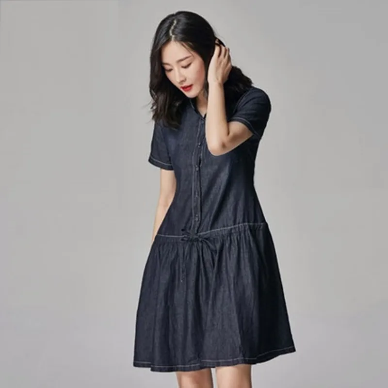 jeans deep blue Новые летние стильные женские платья размера плюс, модные повседневные свободные хлопковые джинсовые платья с завышенной талией для женщин, большие джинсовые цельные платья - Цвет: jeans deep blue