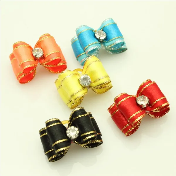 

50PCS Wholesale Hand Made Pet Cat Dog Grooming Hair Bows Rhinestone Ribbon Dog Bows Doggie Boutique Puppy Accessories Petshop