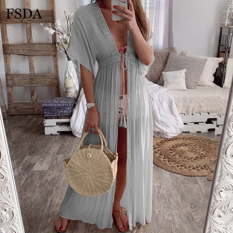 Серый FSDA Beach Boho Maxi Cardigan Dress Lace V Neck Cotton Summer Loose Short Sleeve Casual Elegant Dress Women - Цвет: Серый