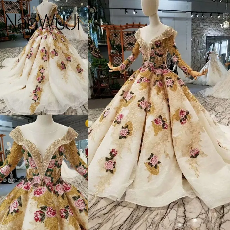 Beste Champagne Speciale Dubai Puffy Party Jurken Hoge Hals Lange Tule Lange Mouwen Lace Up Back Avondjurken Kan Maken Voor Moslim