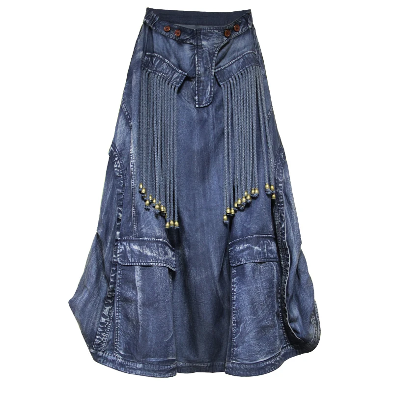 

Free Shipping 2020 New Fashion Spring Denim All-match Vintage Jeans Elastic Waist Long Maxi Skirt With Tassels For Women S-L