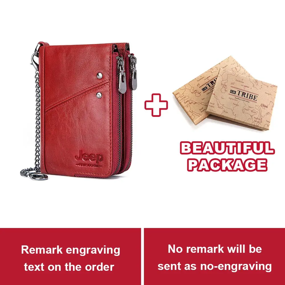 Free Engraving Cowhide Genuine Leather Wallet Men Coin Purse Small Mini Card Holder Vintage PORTFOLIO Portomonee Male Chain - Color: chain with box