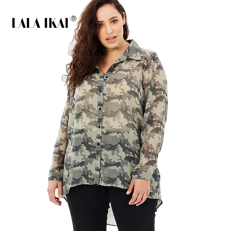 LALAIKAI плюс Размеры 3XL 4XL 5XL 6XL 7XL камуфляжная блузка Для женщин свободные длинный