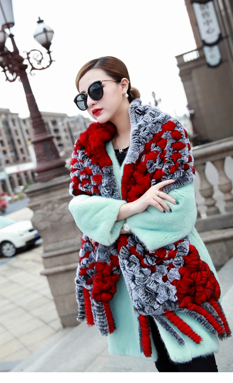 

Knitted Crochet Rex Rabbit Fur Shawl Scarf Wraps with Tassels Grey Red Black Pockets Ponchos Shawls